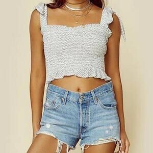 Blue Life Zamar Tie Shoulder Smocked Cropped Tank Top Ruffle Trim Size XS‎